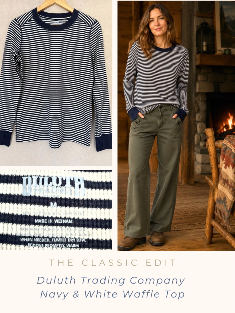 Duluth Trading Co. Striped Waffle Knit Long Sleeve Tee | Navy & White | Size M